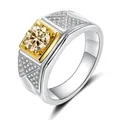 925 silver men's ring with champagne moissanite and gold accents on pavé band - Size 7 / Champagne Moissanite