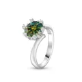 Bague en argent S925 avec une moissanite vert-jaune de 2 carats et une monture en flocon - Taille US 5 / Vert Foncé