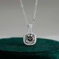 Elegant s925 silver halo necklace with round gray moissanite in square diamond setting - Gray