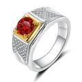 Silver men's ring with central red gemstone and gold-tone geometric diamond accents - Size 7 / Garnet Red Moissanite
