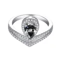 Detailed view of pear-cut grey stone and V-shaped pave band on sterling silver ring - US Size 5 / Gray
