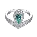 Elegant sterling silver ring featuring a pear-cut blue moissanite and crown halo setting - US Size 5 / Teal