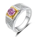 Two-tone 925 sterling silver ring with square gold base and large round pink gemstone - Size 7 / Pink Moissanite