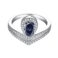 Elegant silver crown ring with a large pear-cut deep blue gemstone and V-shaped band - Sapphire Blue