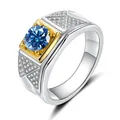 Men's 925 silver ring with large blue moissanite gemstone and two-tone gold design - Size 7 / Royal Blue Moissanite