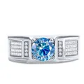 925 silver plated platinum ring featuring a large round blue moissanite and side stones - Size 8 / Sapphire Blue