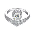 Elegant sterling silver teardrop crown ring featuring pink moissanite and V-shape band - US Size 5 / White