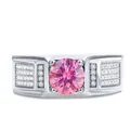 925 silver ring with a large pink round moissanite in a luxury wide geometric band - Size 8 / Pink