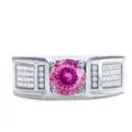 925 silver plated men's ring featuring a large round pink moissanite and side stones - Size 8 / Multi-faceted Pink