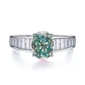 Bague en argent avec moissanite ovale 2ct et pierres latérales taille baguette - Bleu sarcelle
