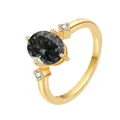 Macro view of 18K gold ring with oval black moissanite and two small side stones - US 5 / Gray