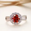 Luxurious S925 sterling silver ring with large round red moissanite and halo setting - Garnet Red