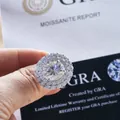 Close-up of 10x12mm oval moissanite ring with double halo setting and GRA report - US Size 5 / Silver
