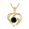 Golden heart necklace with round black gemstone and white diamond accents on chain - 925 Silver / Gold Black