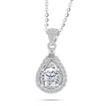 Macro shot of silver teardrop pendant necklace featuring halo-set moissanite stone - Clear White Main Stone