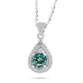 Macro view of water-drop pendant featuring a cyan moissanite and 925 silver pavé setting - Cyan Main Stone