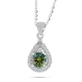 Macro detail of teardrop halo pendant with sparkling round cut green moissanite stone - Dark Green Main Stone