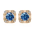 Square silver stud earrings with blue moissanite in rose gold finish and halo stones - 0.5ct Gold Plated / Sapphire Blue