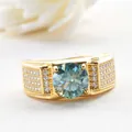 Men's gold plated 925 silver ring with large blue moissanite and micro-pave crystals - US Size 7 / Gold Teal with Small Stone