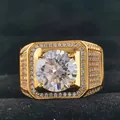 Luxurious gold-plated men's ring with large round solitaire and pave setting - US Size 7 / Gold Yellow