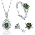 925er Sterling Silber Schmuckset mit Moissanit-Halskette, Ring und Ohrringen - Dunkelgrün / Größe 5