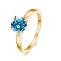 Minimalist 2ct blue moissanite ring with gold 4-prong setting on a polished silver band - US 5 / Aqua
