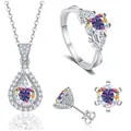 925 Sterling Silber Schmuckset mit Regenbogen Moissanit Kette Ohrringen und Ring - AB-Farbe