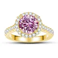 Bague de luxe en or avec grosse pierre rose ronde, halo scintillant et anneau pavé de diamants - Taille 5 / Rose