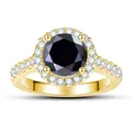 S925 sterling silver gold-plated ring with round black gemstone and halo setting - Black