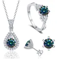 Schmuckset aus 925er Silber mit Moissanit-Halskette, Ring und Ohrsteckern - Regenbogen