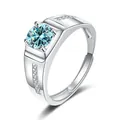 Verstellbarer Herrenring aus Silber mit blauem 1-Karat-Moissanit und seitlicher Verzierung - Einstellbar Offen / Blau