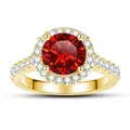Elegant 1-carat round red ruby ring with halo diamond setting in gold plated silver - Garnet Red