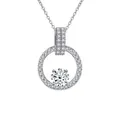 Macro detail of round cut pink moissanite pendant with micro-pave diamonds on silver chain - 1 Carat 6.5mm / White