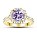 Bague halo dorée avec une grande pierre précieuse violette et des diamants micro-pavé - Taille 5 / Mauve Clair