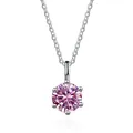 Classic silver necklace with a six-prong round pink moissanite pendant on a white background - 1 Carat (6.5mm) / Pink