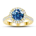 Bague halo en argent 925 avec pierre précieuse bleu foncé et détails pavés brillants - Bleu saphir