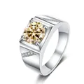 Herenring in zilver met ronde gele moissanite en zijdelingse diamanten accenten - US 7 / 1 ct / Lichtgeel