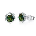 Macro shot of silver stud earrings featuring green moissanite with heart-shaped prongs - 6.5mm*2 / Snowflake Heart Claw Moissanite Stud Earrings / Dark Green
