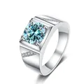 Klassieke herenring met 1-2 karaat blauwe moissanite en diamanten in zilveren band - US 7 / 1 ct / Blauw