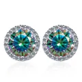 Pair of 925 silver stud earrings with 1 carat rainbow moissanite in halo setting - 0.5ct / Rainbow