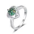 Macro detail of S925 sterling silver ring showing 1 carat round moissanite in heart setting - HK Size 10 / Teal