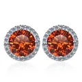 925 silver stud earrings featuring 1ct round amber orange moissanite with halo setting - 0.5ct / Lucky Red