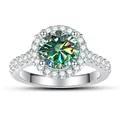 Klassieke ronde halo verlovingsring met een groene moissaniet en een zilveren band - 4.75 / Ronde Halo Stijl / Blauwgroen (1 Karaat)