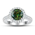 Halo-ring met een grote ronde groene moissaniet gezet in gepolijste zilveren band - 4.75 / Ronde Halo Stijl / Donkergroen (Moissanite)