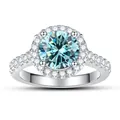 Blauwe moissanite ring met ronde halo en pave gezette diamanten in zilver band - 4.75 / Ronde Halo Stijl / Blauw (1 Karaat)