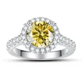 Κομψό δαχτυλίδι halo με κίτρινο moissanite 2 καρατίων και στρογγυλά διαμάντια σε ασημένια ταινία - 4.75 / Στυλ Στρογγυλό Halo / Χρυσοκίτρινο (1 Καράτι)