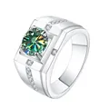 Men's S925 silver ring with a round green moissanite stone and side diamonds - Adjustable Open / 1 ct / Teal