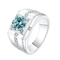 Men's S925 silver ring with light blue round moissanite and side diamond accents - Adjustable Open / 1 ct / Blue