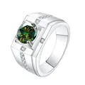 Men's S925 sterling silver ring with a large round-cut green moissanite stone - Adjustable Open / 1 ct / Dark Green