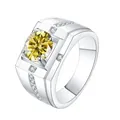 Men's S925 silver ring with 1ct round yellow moissanite and side stones in platinum finish - Adjustable Open / One Carat / Yellow